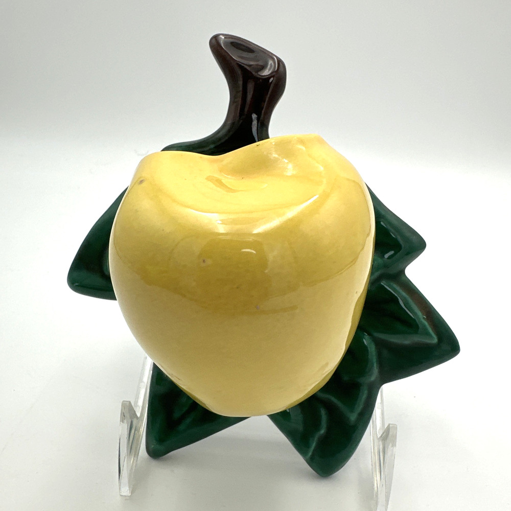 Vintage Ceramic Golden Yellow Apple Wall Pocket Hanging Decor Green Leaf